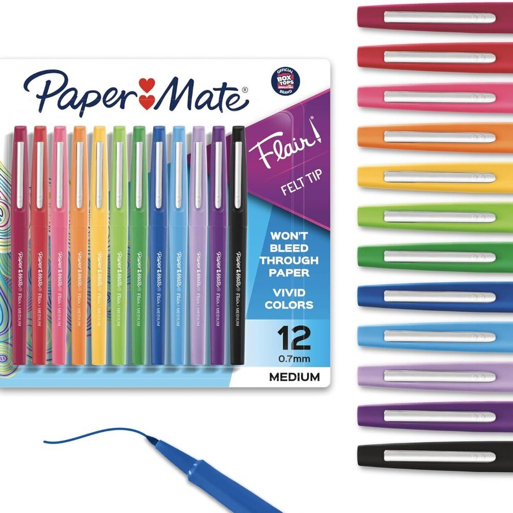 Flair Felt Tip Pens, Medium Point 0.7mm, Assorted Colors, 12 Count - For Arts &